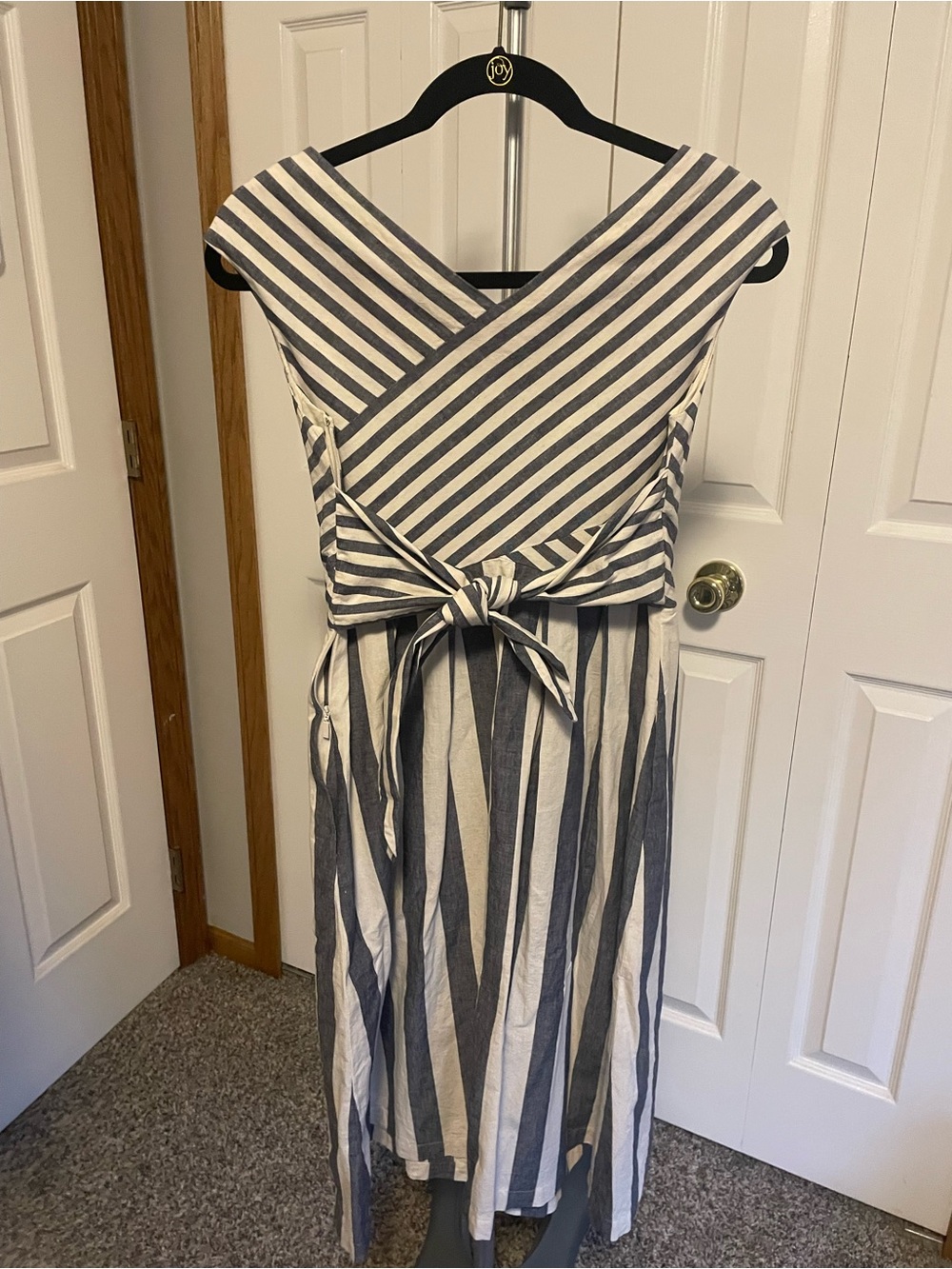 Lafayette 148 New York Navy and Cream Striped Wrap Midi Dress with Back Tie - Picture 2 of 4